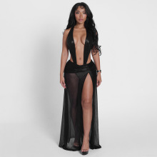 J25DS391 欧美女装秋冬新款纯色性感露背无袖深V领口开衩长连衣裙