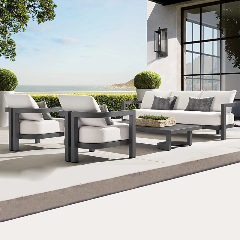 Sofá de patio para exteriores, muebles impermeables de una sola pieza para jardín, conjunto de mesa de centro de teca para terraza de hotel o villa.