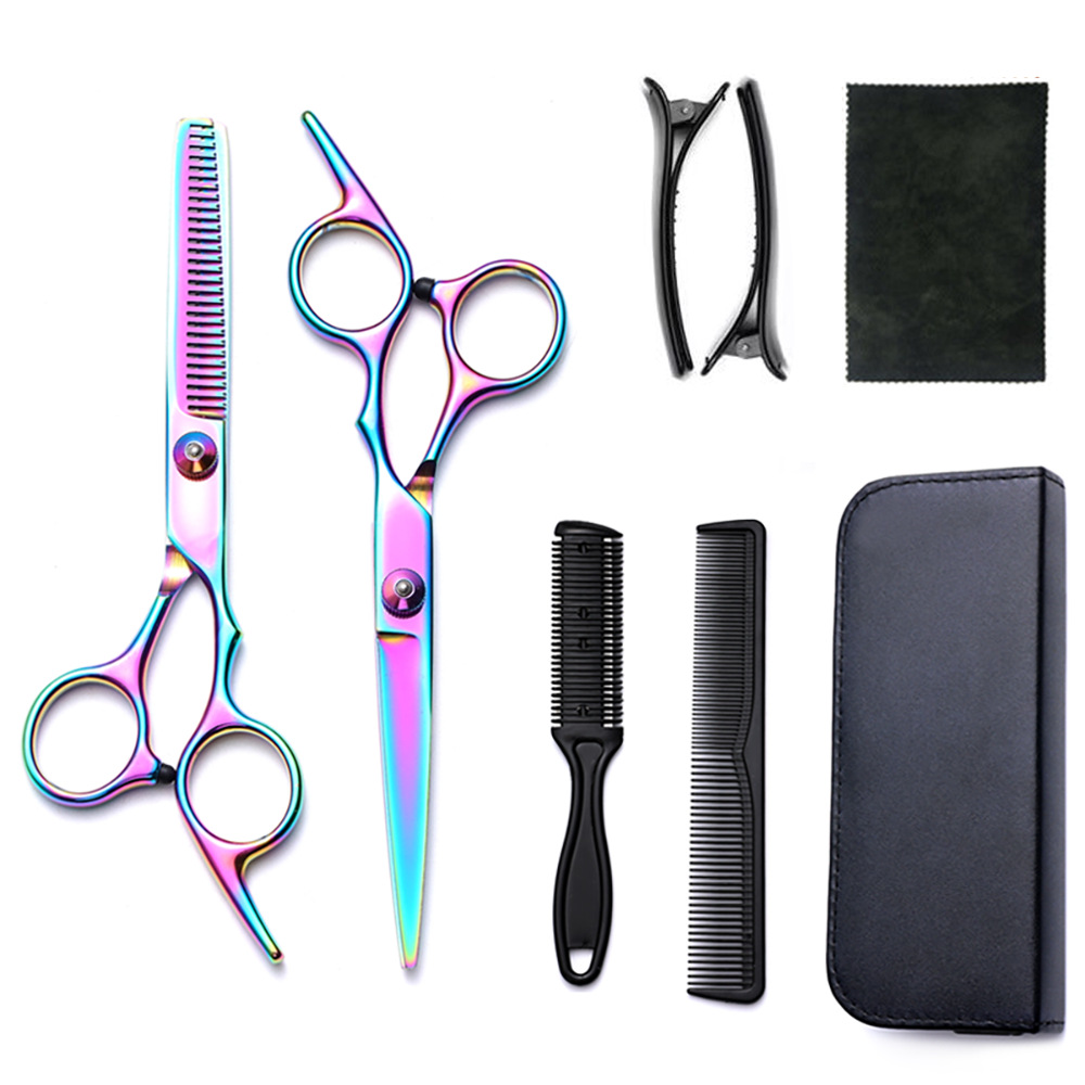 Corte de pelo tijeras transfronterizas amazonas color tijeras de dientes planas cortadas delgadas frange tijeras divisorias fábrica de tijeras al por mayor set de tijeras de peluquería