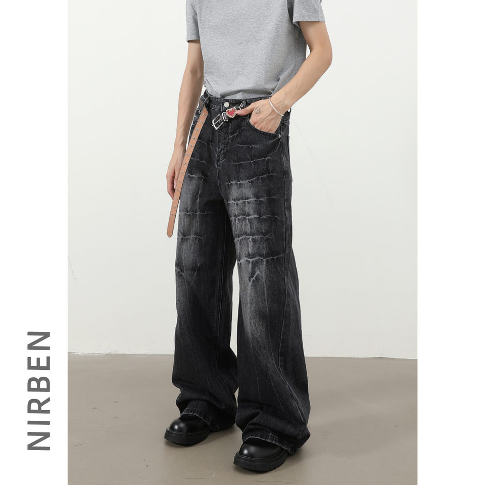 Quần jeans nam dáng rộng ống thẳng họa tiết sét chất liệu washed phong cách đường phố — màu xanh, màu xám đen