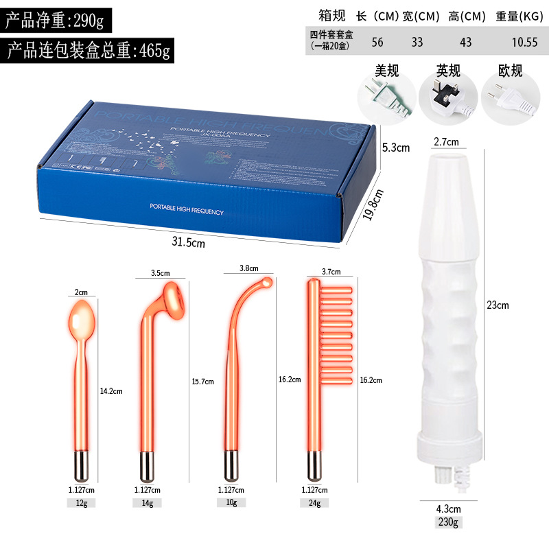 Instrumento de electroterapia de alta frecuencia tubo de vidrio Accesorios instrumento de belleza luz roja luz púrpura electroterapia varilla electroterapia peine