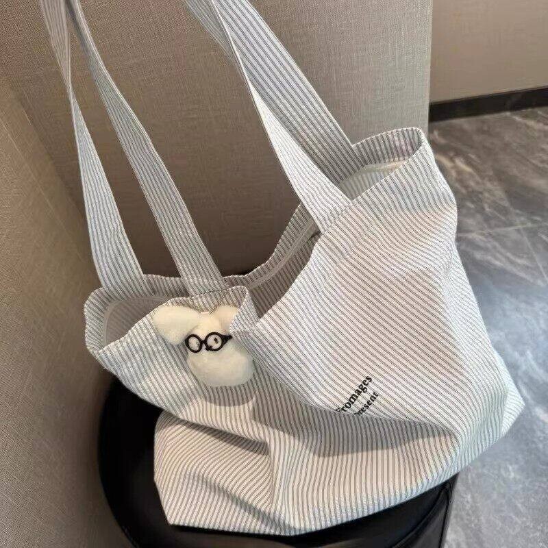 2026 New Korean-Style Casual Striped Lazy Simple Large-Capacity Commuter Canvas Bag Versatile Shoulder Bag