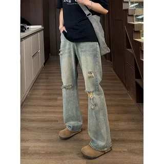 复古微喇破洞牛仔裤男夏季薄款直筒宽松阔腿美式vibe高街裤子潮牌