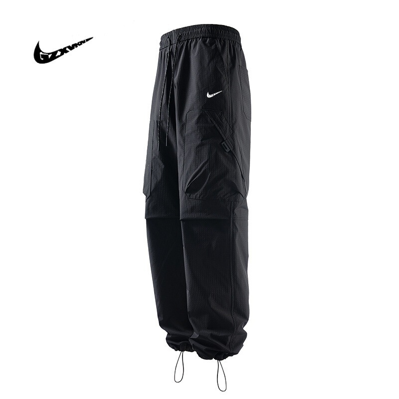 Mountain-Style Outdoor Spring and Autumn Trendy Brand Work Pants for Men, Loose Drawstring Multi-Pocket Hiking Pants, Quick-Dry Straight-Leg Trekking Pants