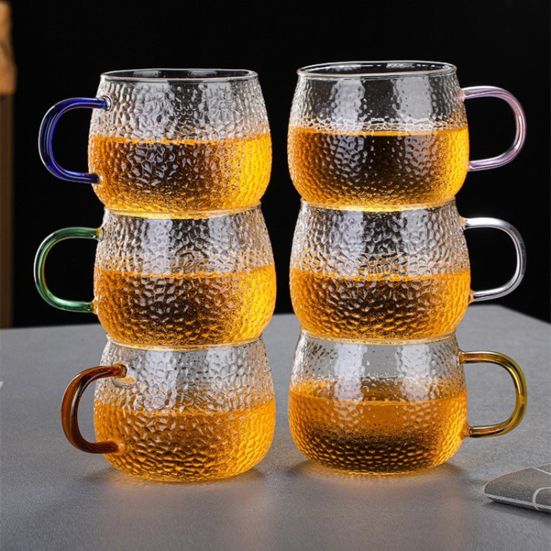 Hammered Glass Cup Set with Colored Handles, Thickened for Home Use, Suitable for Drinking Water, Ins-Style Juice Cups, Thickened and High-Temperature Resistant