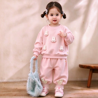 2026春季新款卡通儿童两件套 女童幼小童五个兔头公仔套装51102