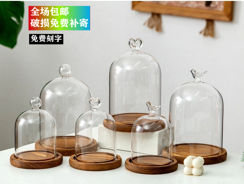 永生花防尘玻璃罩 仿古木底座花房黏土手办泡泡马特 顶饰香薰烛罩