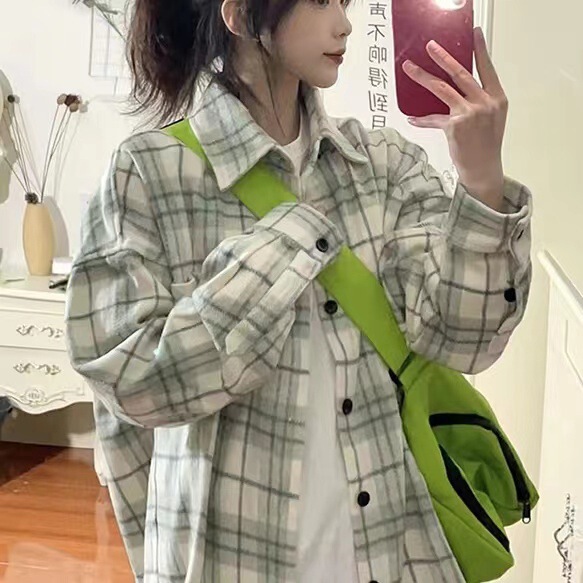 Green Plaid Shirt Women's Spring and Autumn New Loose Outerwear Design Sense Niche Shirt POLO Collar Jacket