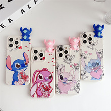 适用iPhone 15promax趴趴手机壳爱心蓝粉史迪仔苹果14/13公仔挂绳
