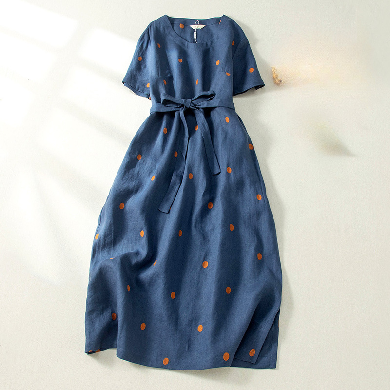 Pick up Leaks~ Japanese Style Original Cotton and Linen Dress for Women with Lace-up Waist Slimming Look Artistic Polka Dot Linen Mid-length Skirt