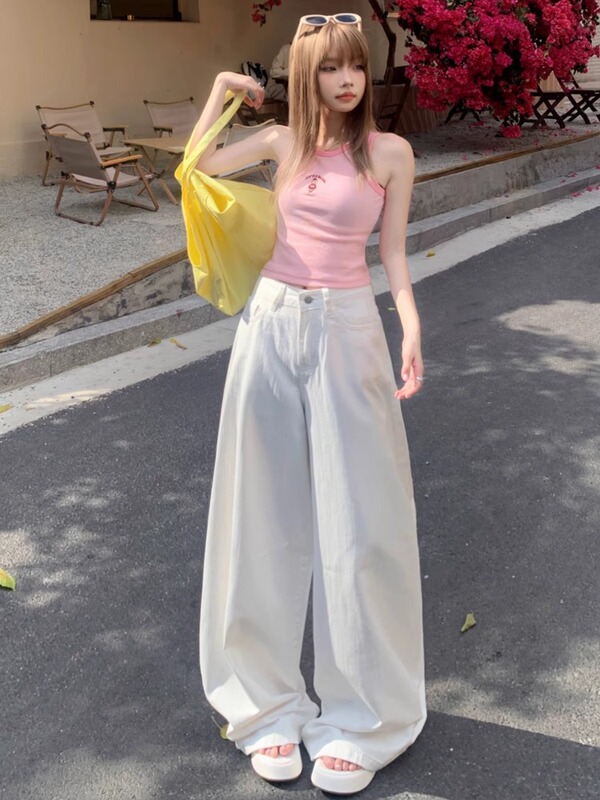 美式复古高腰黑茶白色宽松阔腿裤女春夏百搭垂感拖地裤牛仔裤子女|undefined