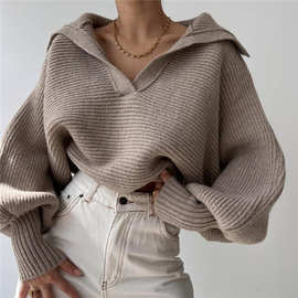 欧美时尚宽领毛衣针织上衣女 knit sweater pullover top women