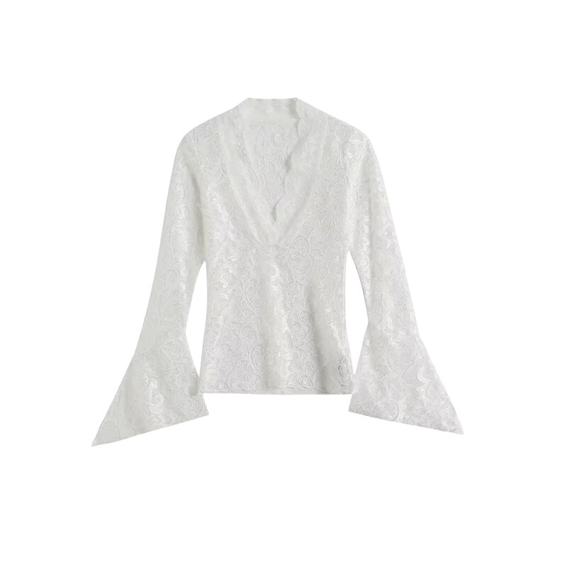 European and American Style Sexy Deep V Neck Lace Trumpet Long-Sleeved Spring New Shirt Women's Navel-Baring See-Through Lace Top