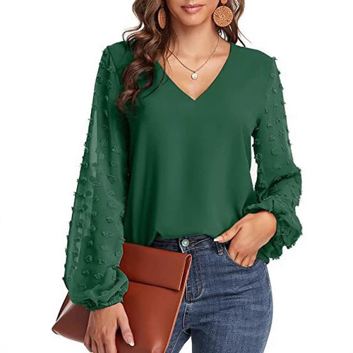 European and American fashion hot item: V-neck chiffon patchwork long-sleeved chiffon shirt with large fur balls