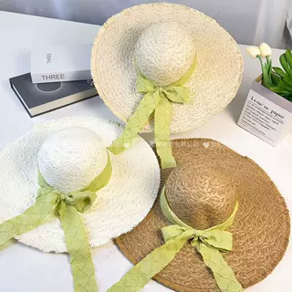 夏季出游防晒大帽檐沙滩太阳帽飘带蝴蝶结草帽女海边度假太阳帽子