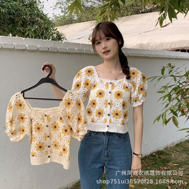Retro Sunflower Embroidery Hollow Square Neck Short-Sleeved Sweater for Women Summer Korean Style Sweet Versatile Short Top Trendy