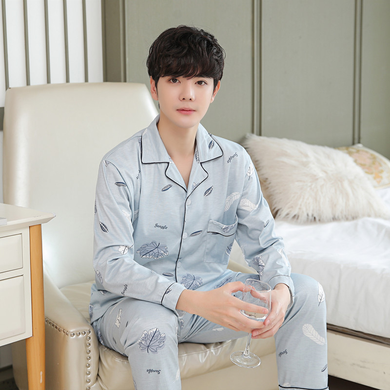 Pijamas de manga larga de los hombres de primavera y otoño de algodón cardigan casual Plaid elegante de los hombres desgaste del hogar de Otoño de algodón más traje de tamaño