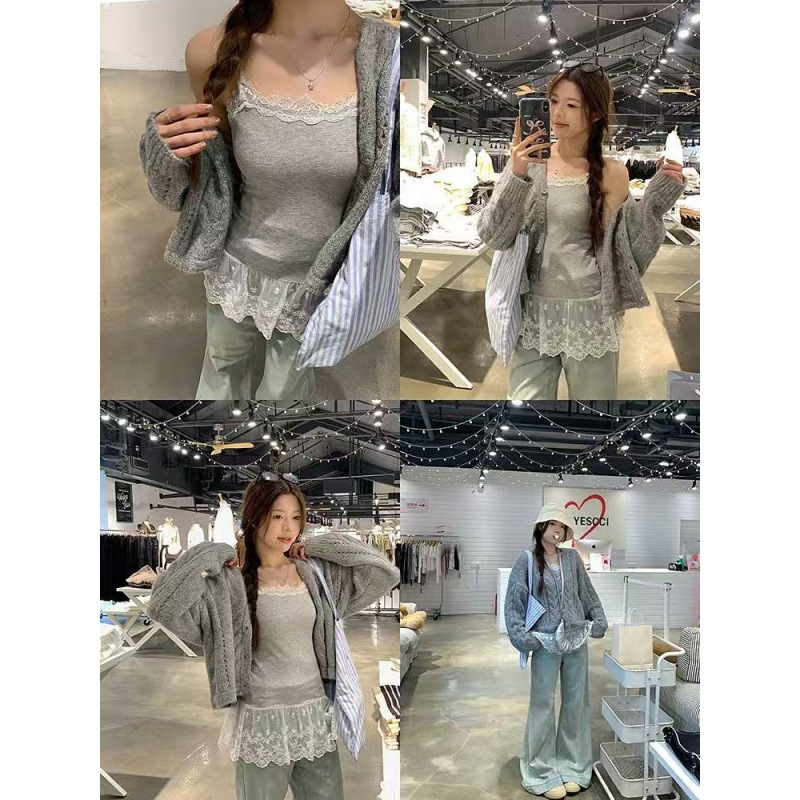 Wu 77 Sweet Stitching Lace Sling Women's Korean-style Slim-fit Slimming Commuter All-match Round Neck Base Top Spring