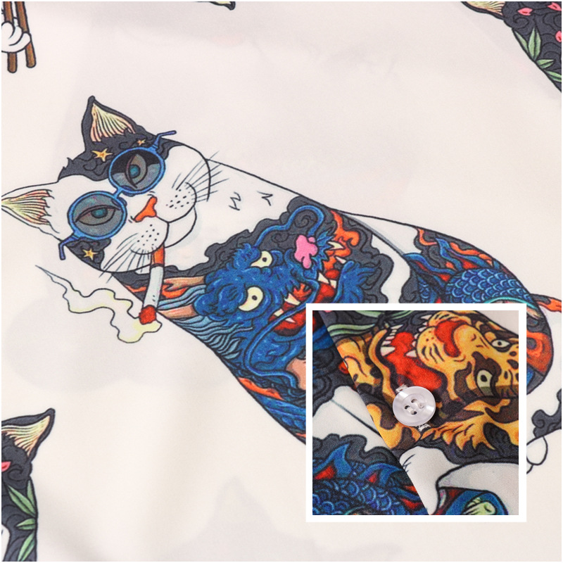 Camisa informal de manga corta con cuello solapa, holgada, con estampado digital de gato de la suerte, estilo cárdigan de marca de moda para parejas, ideal para el verano y el comercio exterior.