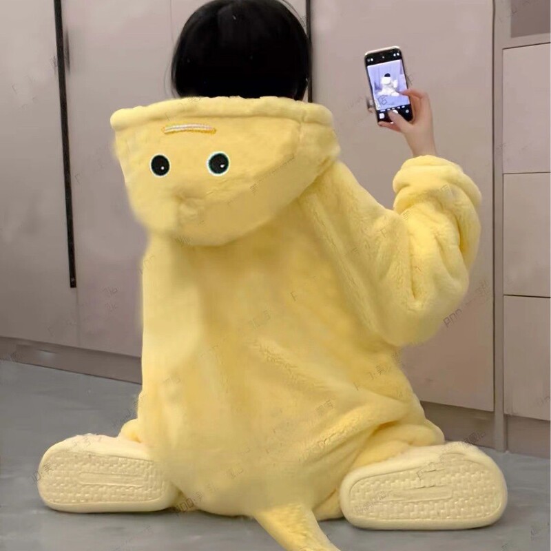 小奶龙秋冬卡通动物抽象衣服搞怪男女家居服连体睡衣情侣连帽睡袍|undefined