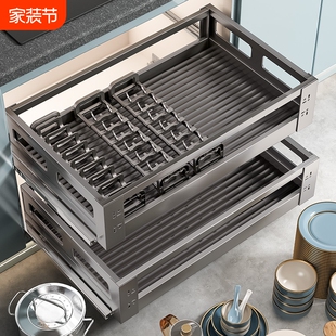 Pull Basket Kitchen Cabinet 304 Stainless Steel Double-Layer Drawer-Type Dish Rack Storage Built-In Bowl Basket Dishes Kitchen Utensils Cabinet