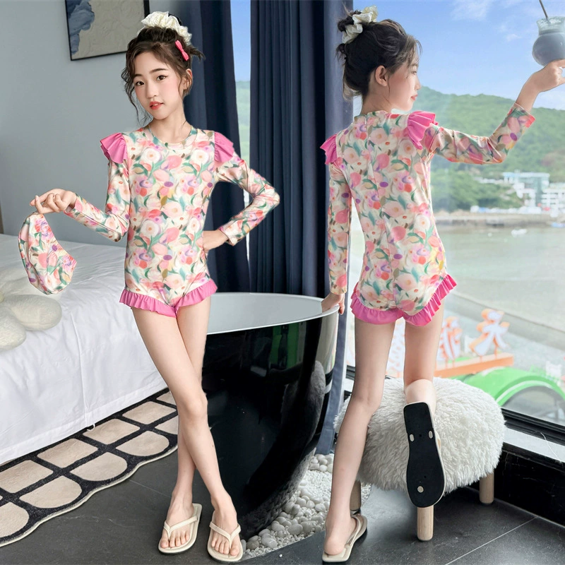 Летний модный купальник для девочек 2025 года, новый цветочный принт, средний и большой размер, детский летний цельный купальник, тренд