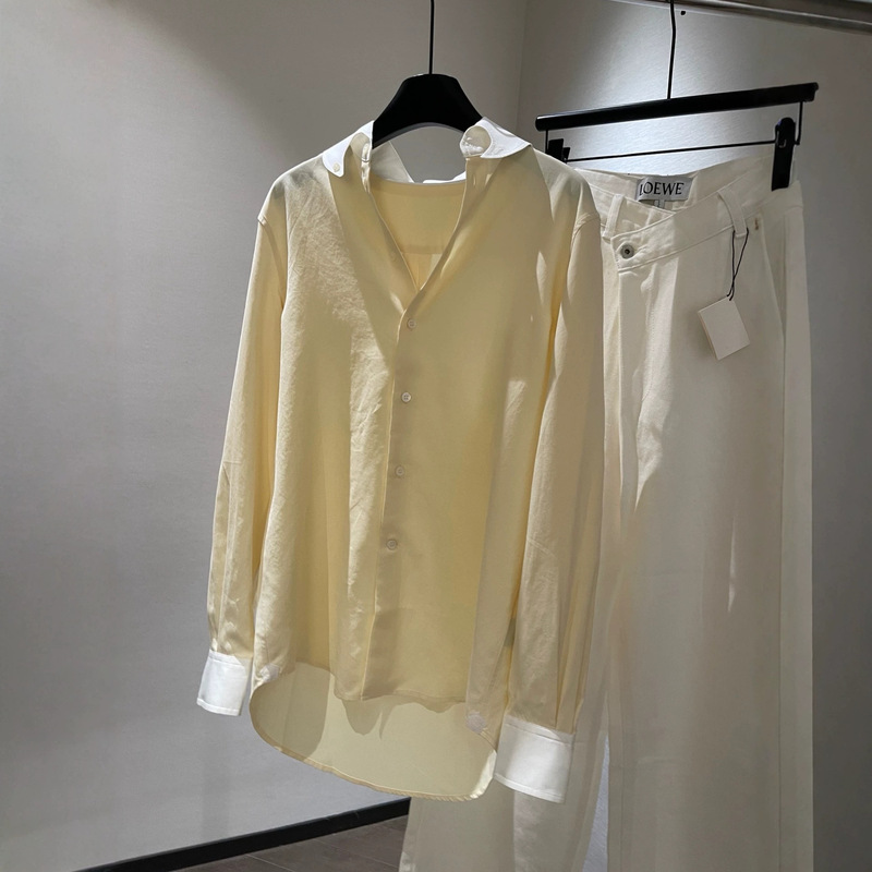 2026 Spring and Autumn New French Style Elegant Contrast Color Stand Collar Goose Yellow Loose Versatile Gentle Long Sleeve Shirt for Women