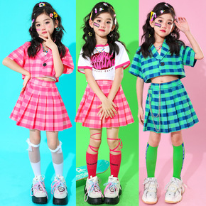 Girls green pink plaid Jazz Dance  Performance Costume hiphop street dance outfits Walk Show Children Cheerleading choir Trendy Costume