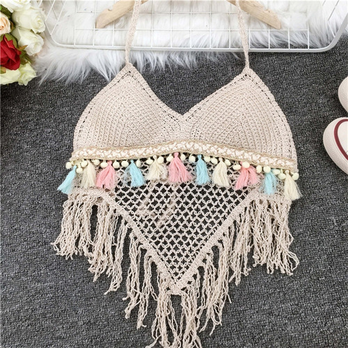 Small vest suspender women's summer halterneck short style knitted top with breast pads backless hollow tube top embroidered vest