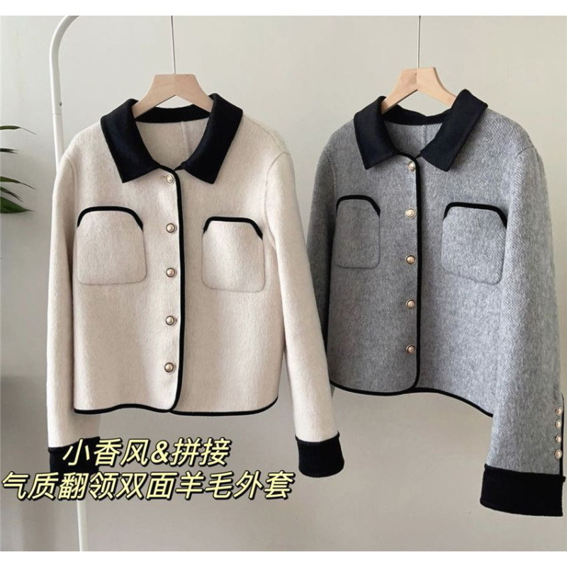 天瑜灰色双面呢羊绒大衣女短款设计感小众翻领小香风水貂绒针织短