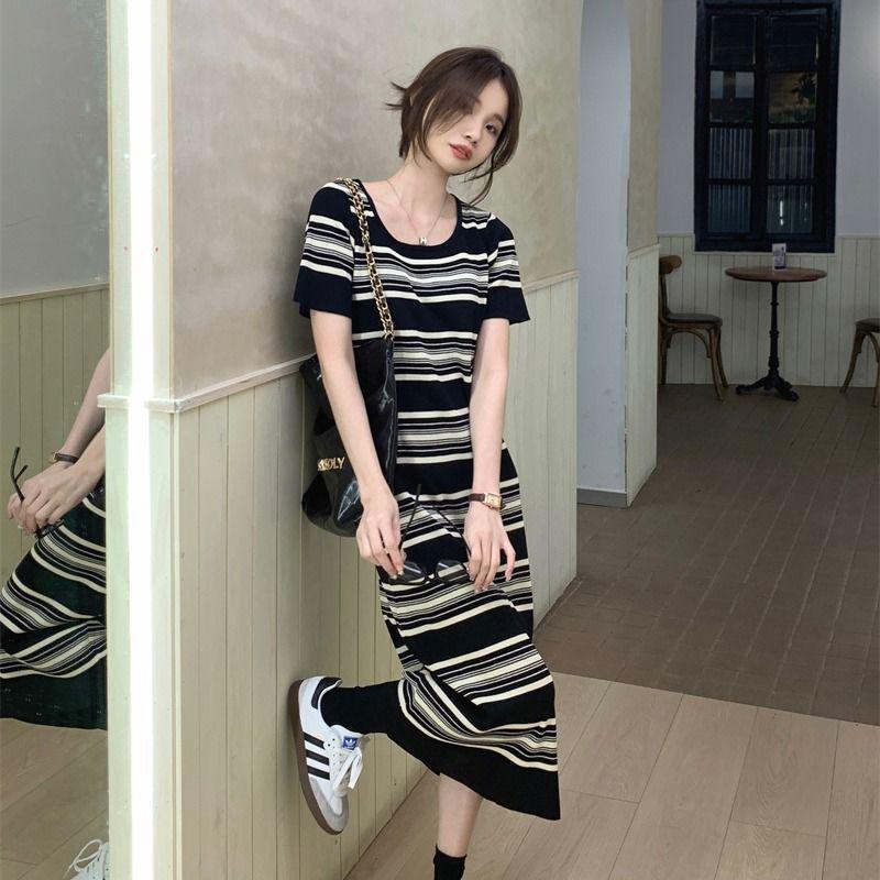 Striped short sleeve square collar knitted dress women's summer lazy style mid-length bottoming dress chic beautiful dress Striped short sleeve square collar knitted dress women's summer lazy style mid-length bottoming dress chic beautiful dress