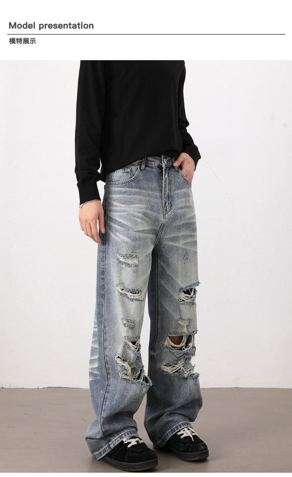 Quần jean nam rách phong cách retro Mỹ dáng rộng ống đứng, quần dài casual — Màu xanh dương chi tiết 9