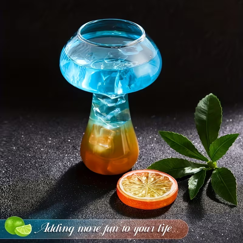 Taza de vino creativa en forma de hongo, taza de vidrio de bebida de cóctel transparente, adecuada para beber taza de té de frutas KTV