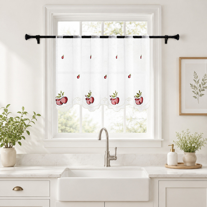 Lace Embroidery Fruit-Themed Kitchen Curtains, Half Curtain with Rod, Short Curtain, No Drilling Required, Cross-Border Ready Stock Lace Embroidery Fruit-Themed Kitchen Curtains, Half Curtain with Rod, Short Curtain, No Drilling Required, Cross-Border Ready Stock