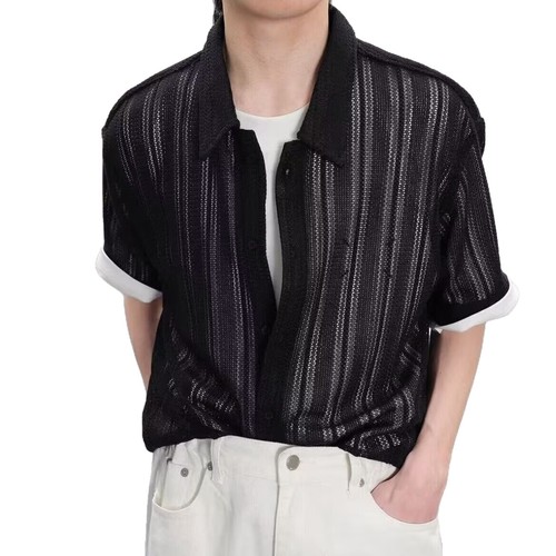 Men's Summer Ice Silk Material Casual Breathable Flared Collar Loose Lace Sun Protection Shirt with Hongfeng Retro Openwork Knit Short Sleeve