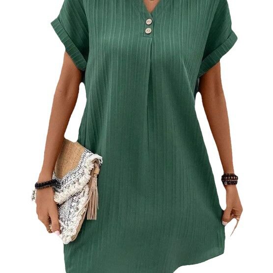 Cross-border European and American Women's 2023 New Amazon V-neck Solid Color Pullover Comfortable Casual Button Dress