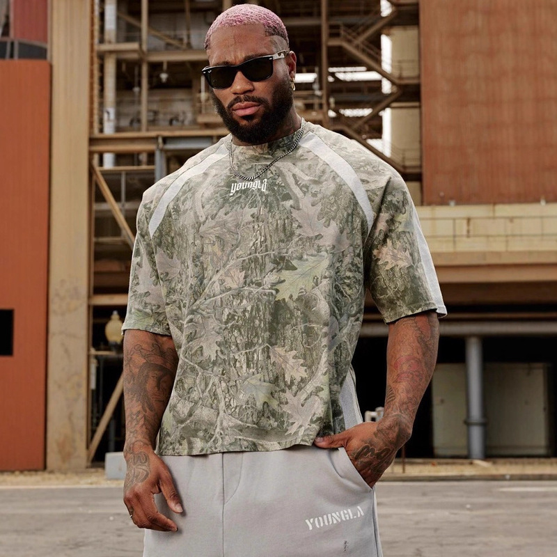 Youngla New Men's Patchwork T-Shirt Jogger Sports Fitness Quick-Drying T-Shirt Breathable Casual Trend Short Sleeve