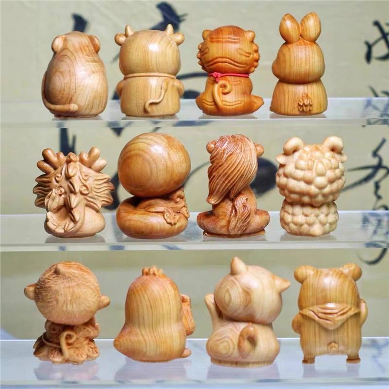 崖柏木雕十二生肖摆件鼠牛虎兔龙蛇马羊猴鸡狗猪手把件工艺品礼品|undefined