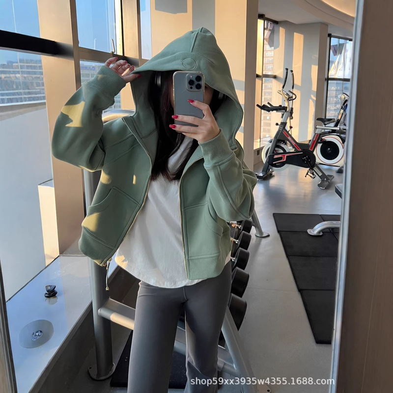 Lulu Scuba Full Zip Hooded Short Loose fleece-lined Warm Casual Autumn and Winter Jacket Women's Sweatshirt