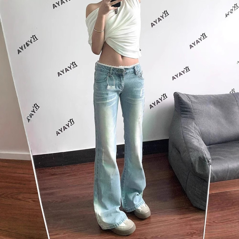 Retro Washed Light-Colored Bootcut Jeans for Women Spring and Summer New Lace Splicing Low-Waist Loose Non-Leg-Hugging Bell-Bottom Pants
