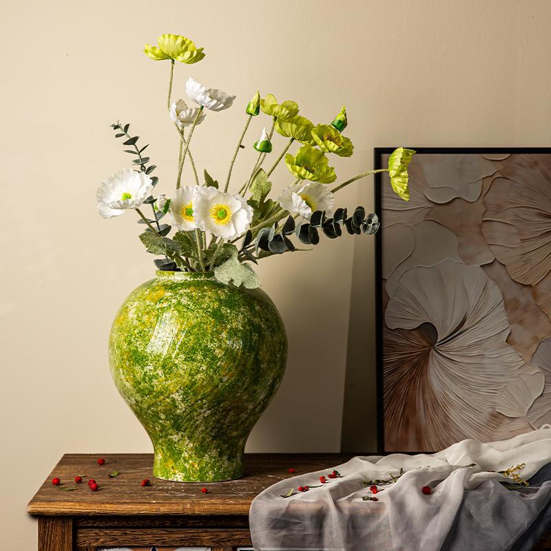 Jingdezhen Ceramic Vase Soda Green Stoneware Flower Vessel Living Room Home Flower Arrangement Decoration Retro Jar
