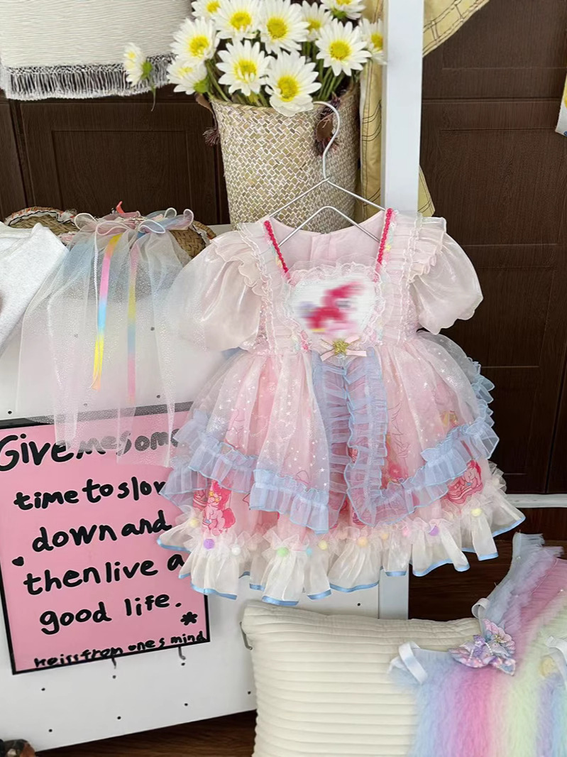 Vestido de niña verano 2025 nuevo estilo de malla honda vestido de princesa vestido de verano de niña vestido de Lolita cumpleaños