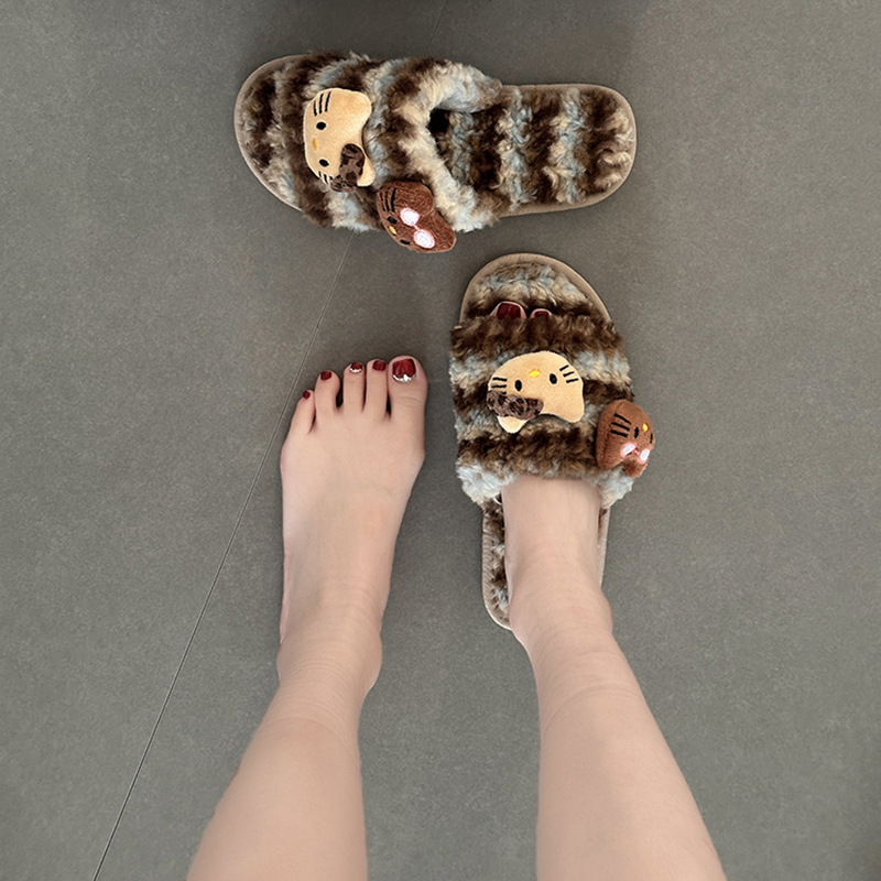 拼色猫咪玩偶平底休闲毛毛拖鞋秋冬季卡通时尚厚底女士一字拖棉鞋|undefined