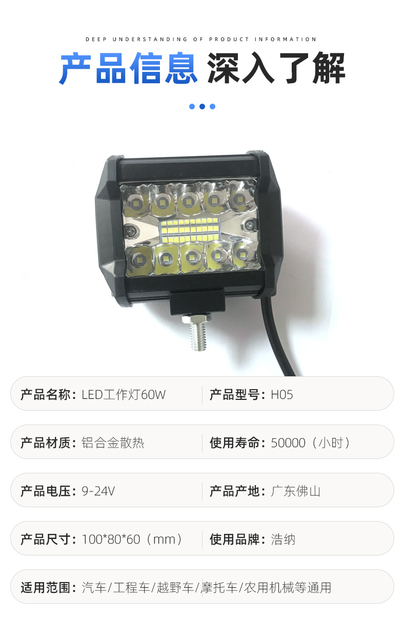 Car Led Work Light Auxiliary Inspection Light Three-Eye 4-Inch 20Led60W Off-Road Vehicle Spotlight Aluminum Alloy Light