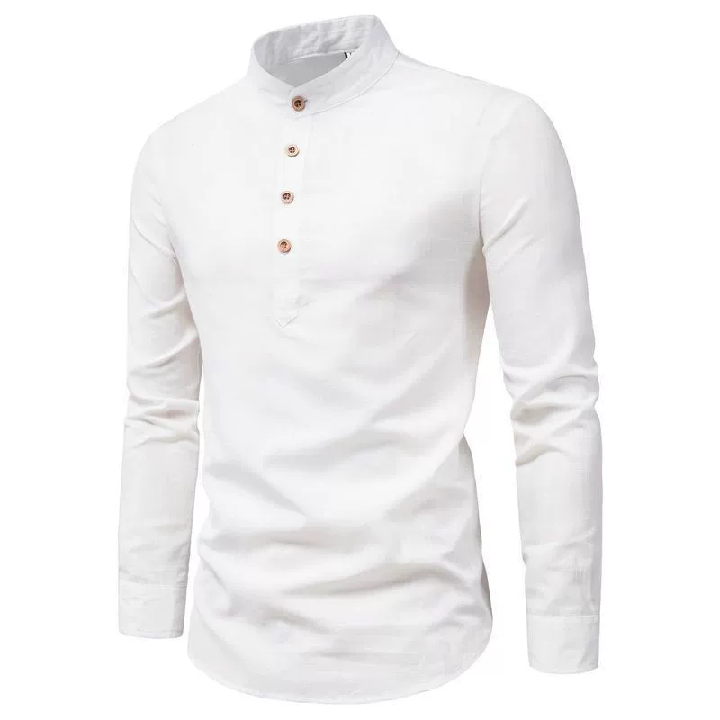 Весенняя мужская рубашка с длинным рукавом, slim fit, китайский стиль, хлопок и лён, узкий крой,