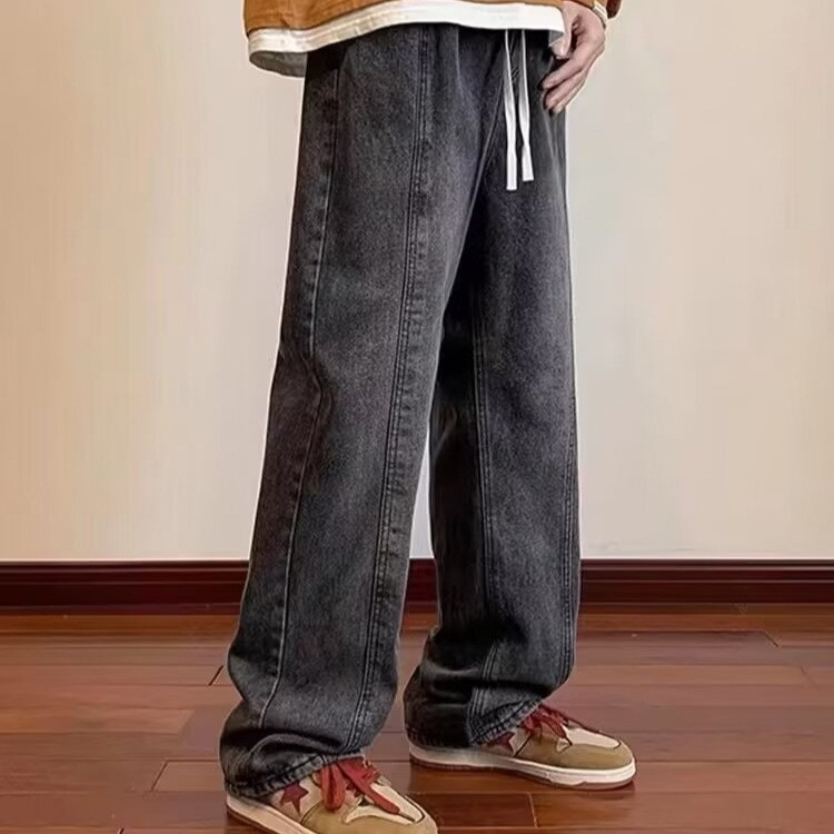 2024 primavera y otoño pantalones vaqueros de cintura elástica todo fósforo para hombres, pantalones de pierna ancha rectos sueltos para adolescentes de la calle principal