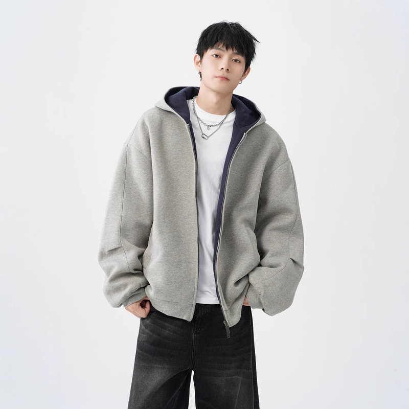 Double Zipper Heavy Cardigan Sweater Men's Trendy Brand Loose Casual Rigid Color Contrast American Style Retro Hoodie Jacket for Boys