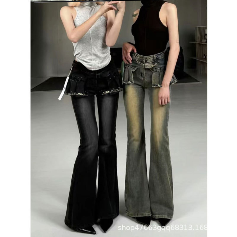 Korean Style Beautiful and Unique Autum Hot Girl Style Slim Fake Two-Piece Micro-Flared Culottes High-Waisted Slim Jeans for Women