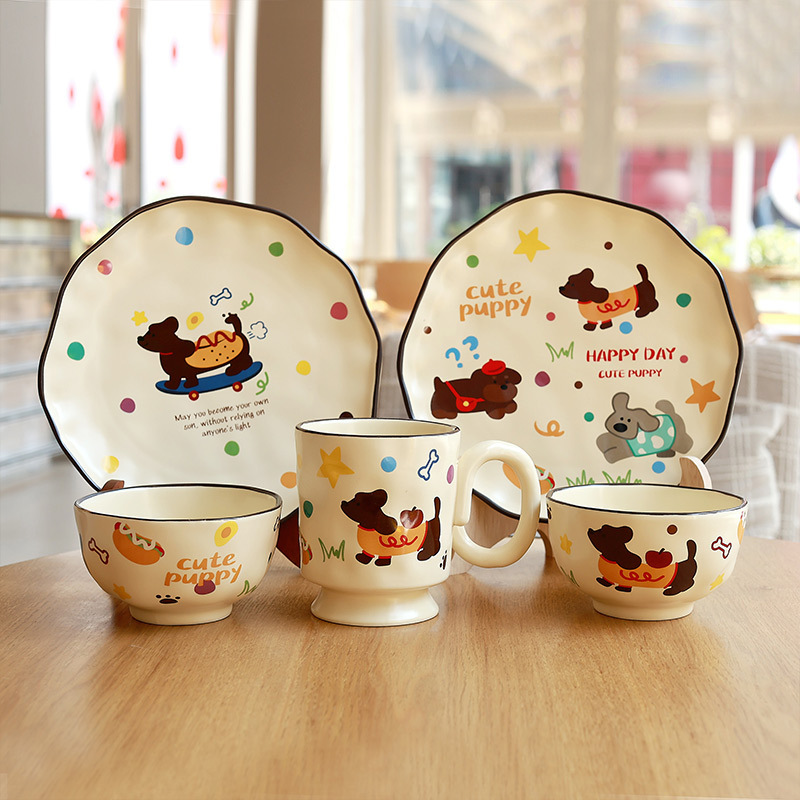Shangen Ceramics Household Ceramic Bowl Cute Children's Breakfast Cup Tableware Cartoon Dachshund Dog Plate Water Cup Mug