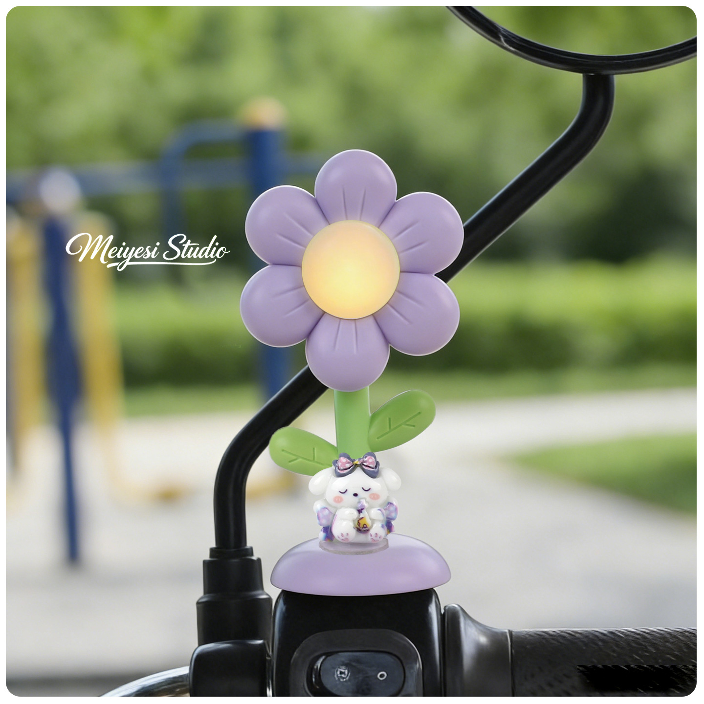 Flores de automóviles eléctricos adornos de luces lindos dibujos animados jefe perro coche de batería bicicleta de noche luces de advertencia accesorios de decoración